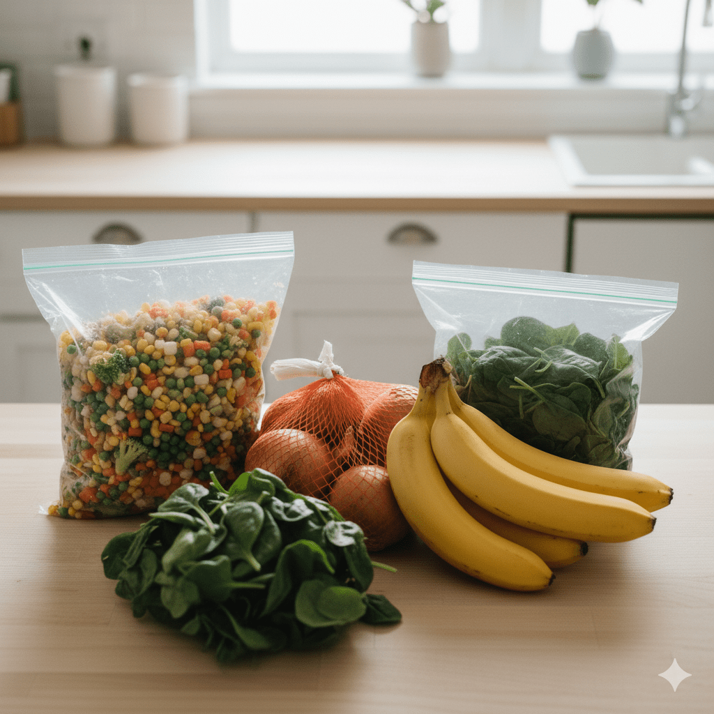 A bright kitchen counter with budget-friendly produce: a bag of frozen mixed vegetables, a mesh bag of onions, a bunch of yellow bananas, and a bag of fresh baby spinach.