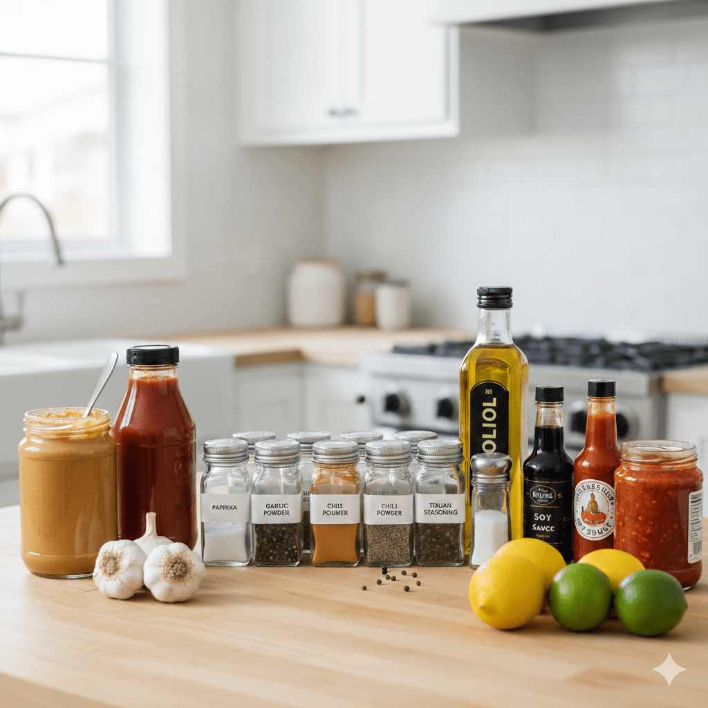 A kitchen counter displaying flavor essentials: various spice jars, olive oil, soy sauce, peanut butter, salsa, fresh garlic, and citrus fruits.