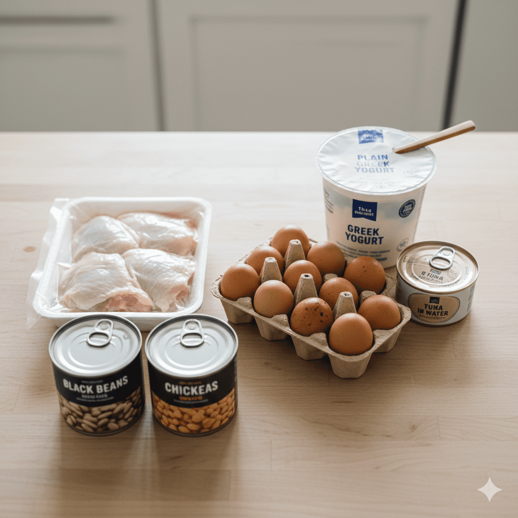 A wooden kitchen counter featuring high-protein staples: a carton of eggs, raw chicken thighs, canned beans, canned tuna, and a tub of Greek yogurt.