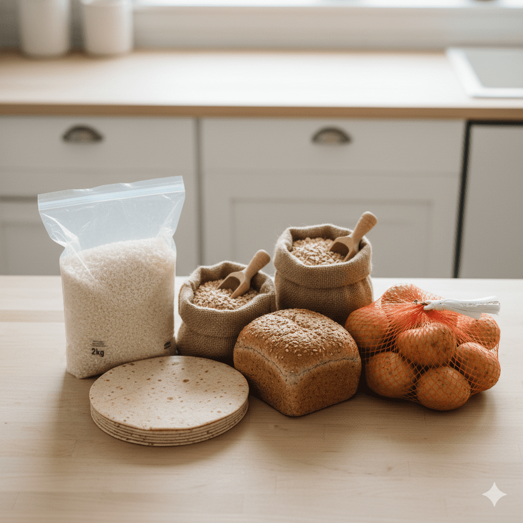 A kitchen counter showcasing affordable carb staples: a bag of rice, two burlap sacks of oats, a loaf of whole-wheat bread, a stack of tortillas, and a net bag of potatoes.